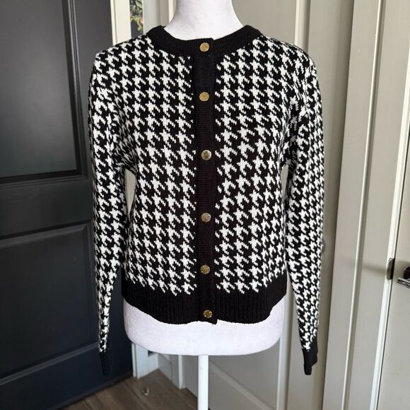 BCBGMaxAzria Black and White Houndstooth Knit Cropped Cardigan Sweater Size M - Picture 1 of 6